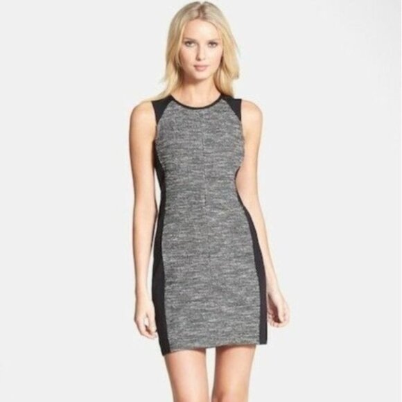 Eileen Fisher Grey Tweed Contrast Panel Sleeveless Mini Sheath Dress size M - Picture 1 of 10